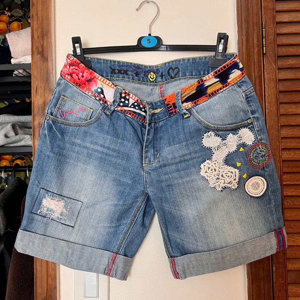 Desigual Blue Jean Shorts with Colorful Embroidery